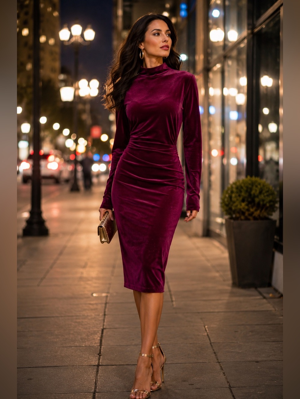 NWT Express Magenta Velvet Midi Dress M Mock Neck Open Back Ruched Bodycon